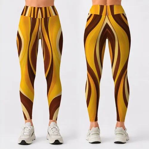 Yellow Brown Vertical Stripes for Yoga Pilates Commuting and Everyday Style Leggings