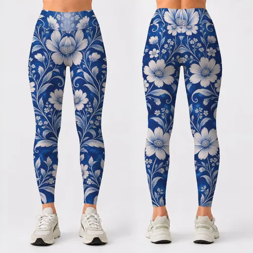 Ivory Wildflower Vines on Cobalt Blue for Yoga, Pilates and Everyday Wear Leggings