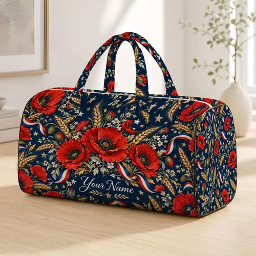 Red Poppies, Golden Wheat and Stars for Autumn Travel and Countryside Escapes Quilted Weekend Bag