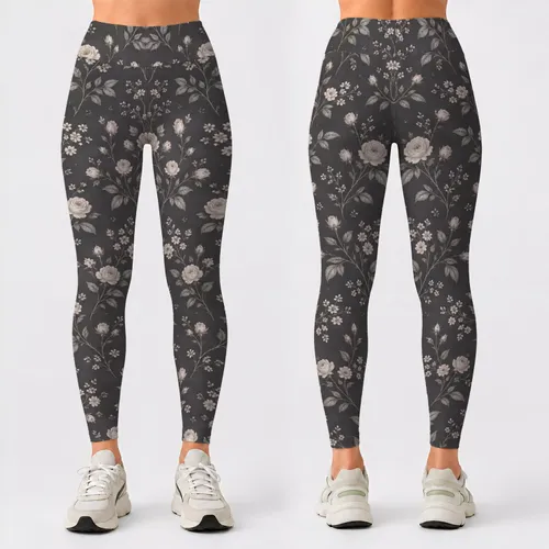 Ivory Rose Sprigs on Charcoal for Yoga, Pilates and Everyday Casual Wear Leggings
