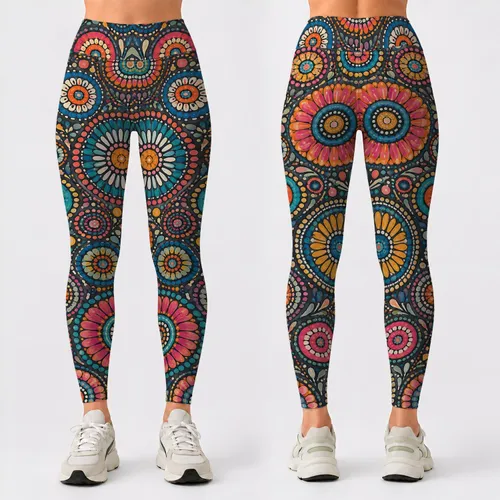 Multicolor Folk Circle Motifs for Yoga, Pilates, Travel and Everyday Active Living Leggings