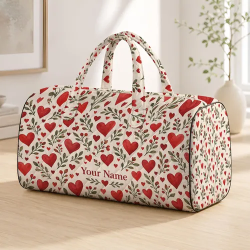 Tiny Red Hearts on Cream for Romantic Garden Mornings and Weekend Getaways Quilted Weekend Bag