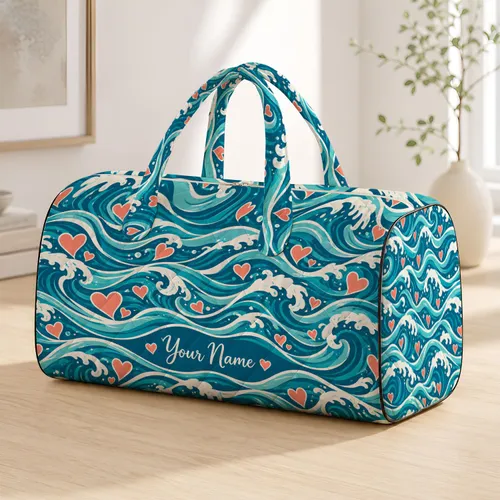 Teal Ocean Waves and Coral Hearts for Beach Days, Coastal Travel, and Summer Getaways Quilted Weekend Bag