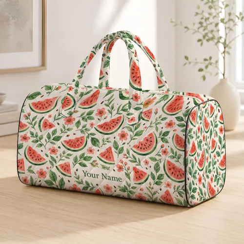 Watermelon and Sage Green Botanicals for Sunny Summer Getaways, Beach Days and Picnics Quilted Weekend Bag