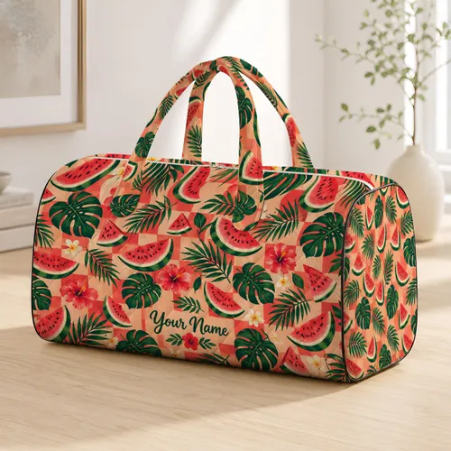 Peach Watermelon And Tropical Leaves For Sunny Orchard Getaways And Beach Escapes Quilted Weekend Bag