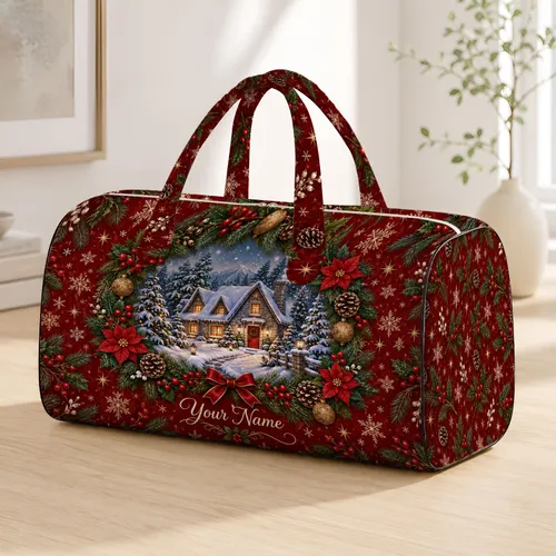 Snowy Cottage Wreath with Red Berries for Cozy Winter Holiday Cabin Getaways Quilted Weekend Bag