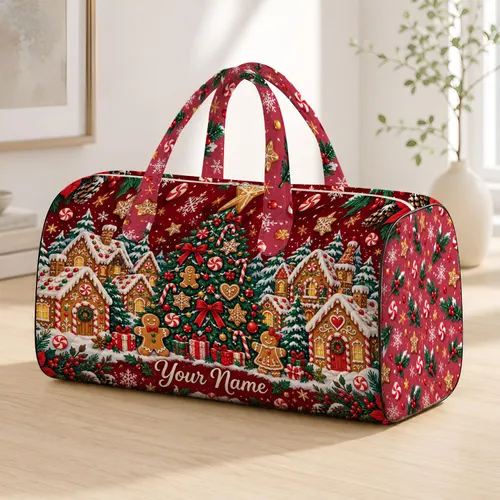 Whimsical Gingerbread Village and Candy Tree for Cozy Christmas Holiday Getaways Quilted Weekend Bag