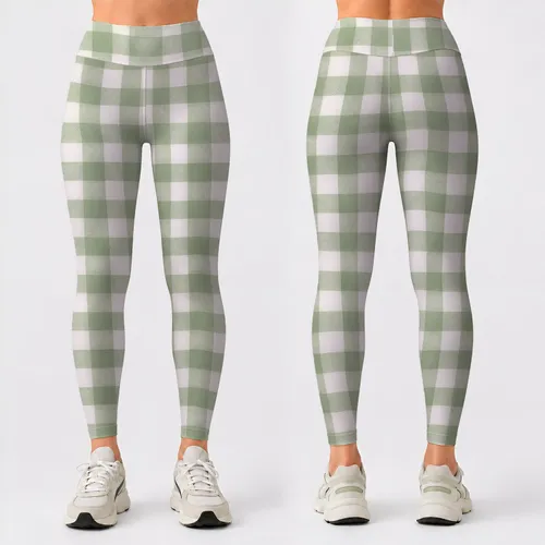Sage Green Gingham Checks for Yoga Pilates and Everyday Casual Wear Leggings