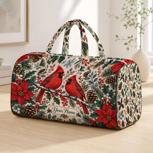 Winter Cardinals, Holly and Pinecones for Cozy Cabin Seasonal Holiday Travel Getaways Quilted Weekend Bag