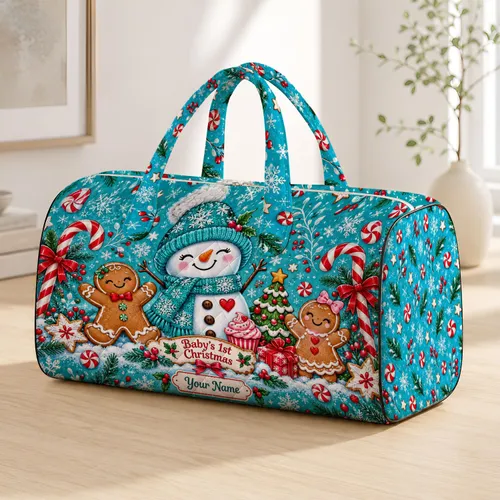 Aqua Snowman Gingerbread Cupcakes for Baby's First Christmas Holiday Celebration Quilted Weekend Bag