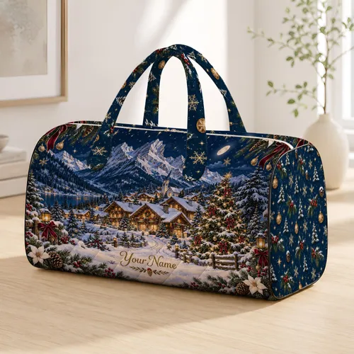 Alpine Snow Village and Christmas Cabin Scenery for Cozy Winter Holiday Getaways Quilted Weekend Bag