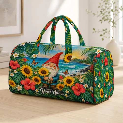 Tropical Coast Sunflowers And Garden Gnome For Sunny Beach Getaways And Summer Travel Quilted Weekend Bag