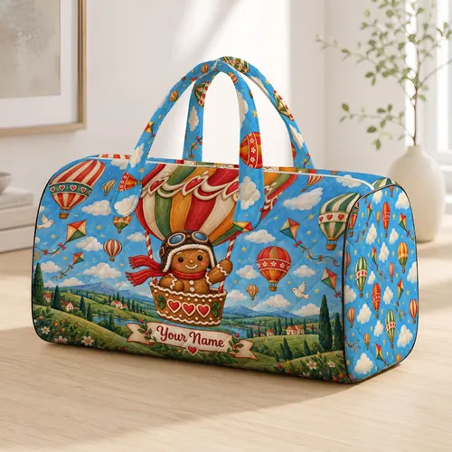 Gingerbread Balloon Pilots for Whimsical Skybound Travel and Weekend Getaway Adventures Quilted Weekend Bag
