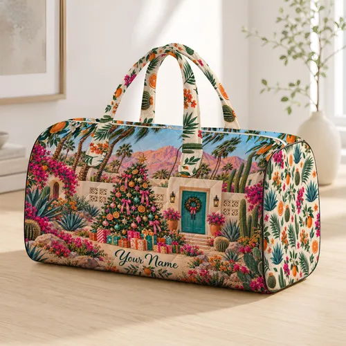 Tropical Desert Christmas House, Palm Trees and Colorful Gifts for Holiday Getaways Quilted Weekend Bag