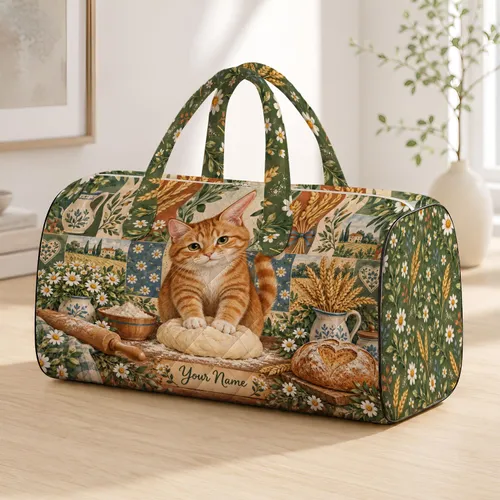 Rustic Bakery Cat with Fresh Bread for Cozy Weekend Getaways and Home Baking Lovers Quilted Weekend Bag