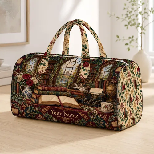 Vintage Books, Reading Glasses & Library Finds for Cozy Literary Travel and Book Lovers Quilted Weekend Bag