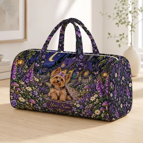 Fairy Garden Puppy Cottage Scene for Enchanted Weekend Getaways Quilted Weekend Bag