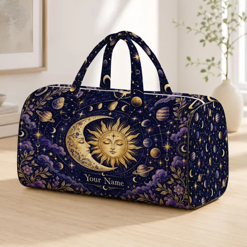 Celestial Moon, Sun and Zodiac Stars for Dreamy Weekend Getaways and Night-Sky Travel Quilted Weekend Bag