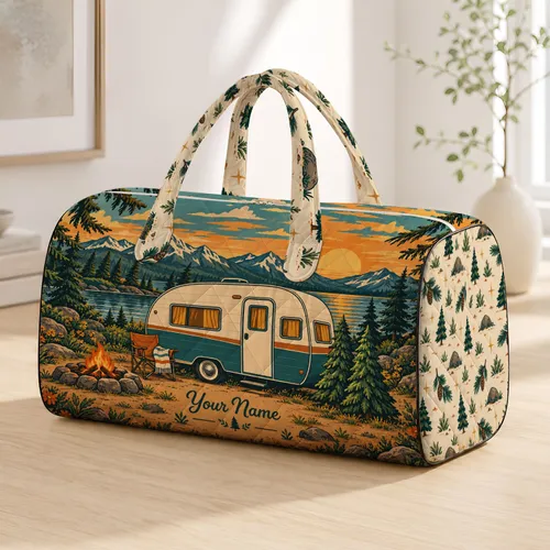 Vintage Camper and Pine Trees for Road Trips, Campsites and Relaxed Outdoor Getaways Quilted Weekend Bag
