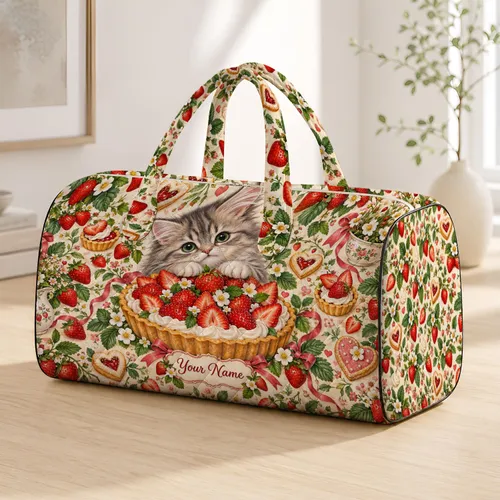 Strawberry Tart Kitten Bakery Delight for Sweet Weekend Getaways and Picnic Lovers Quilted Weekend Bag