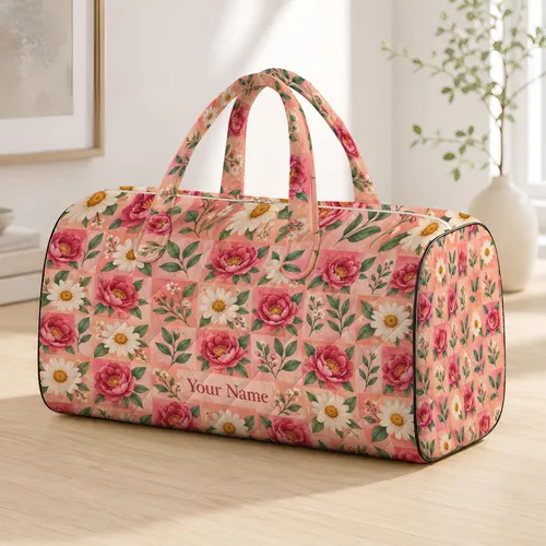 Peach Floral Checkerboard Blooms for Weekend Getaways and Sunny Beach Escapes Quilted Weekend Bag