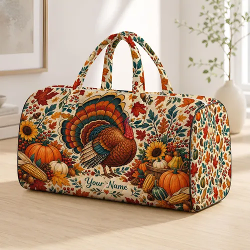 Rustic Turkey, Pumpkins and Autumn Corn for Cozy Harvest Market Trips and Fall Escapes Quilted Weekend Bag
