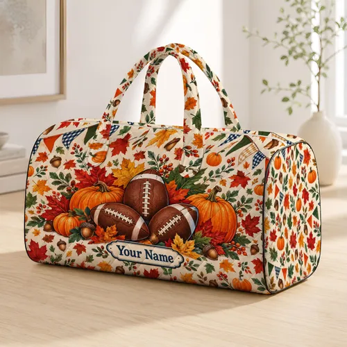 Autumn Footballs, Pumpkins and Maple Leaves for Cozy Fall Game Day Picnic Celebrations Quilted Weekend Bag