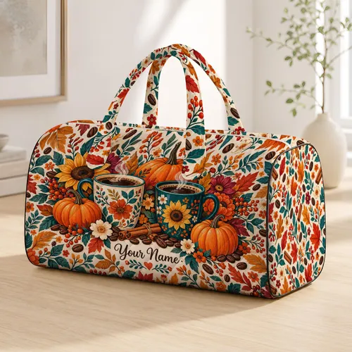 Autumn Coffee Mugs, Pumpkins and Florals for Cozy Seasonal Travel and Fall Getaways Quilted Weekend Bag