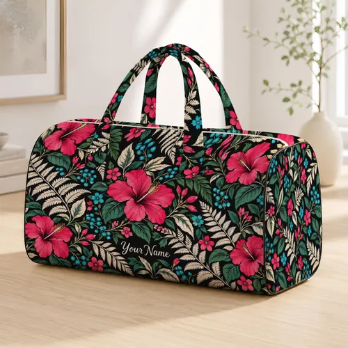 Fuchsia Flowers and Ivory Ferns for Colorful Coastal Getaways and Garden Retreats Quilted Weekend Bag