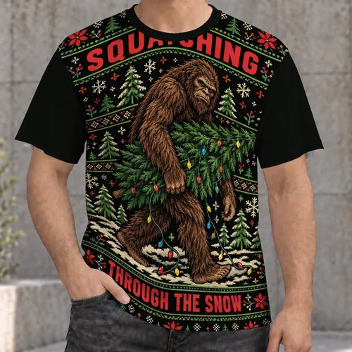 Shaggy Bigfoot Holiday Scene For Festive Winter Parties And Cozy Seasonal Days All-over Print Unisex T-shirt