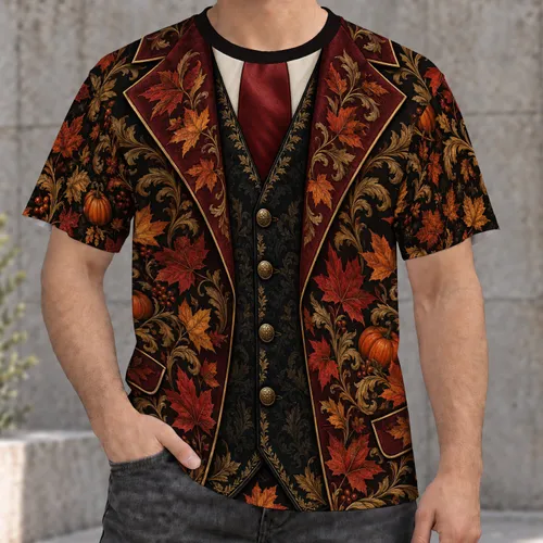 Autumn Pumpkin Maple Leaf Faux Blazer Look for Thanksgiving Gatherings and Fall Events All-over Print Unisex T-shirt