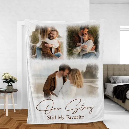 Personalized Three Photo Couple Blanket – Custom Love Story Collage Throw for Her, Romantic Christmas Anniversary Gift