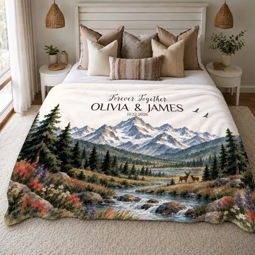 Personalized Grand Teton Couple Blanket – Custom Names, Date & Message, National Park Mountain Wedding Anniversary Gift