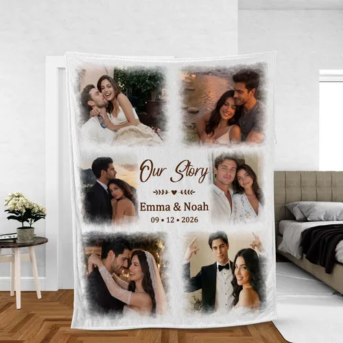 Personalized Wedding Photo Collage Blanket – Custom 6 Picture Couple Throw with Names, 1st Anniversary Gift for Her