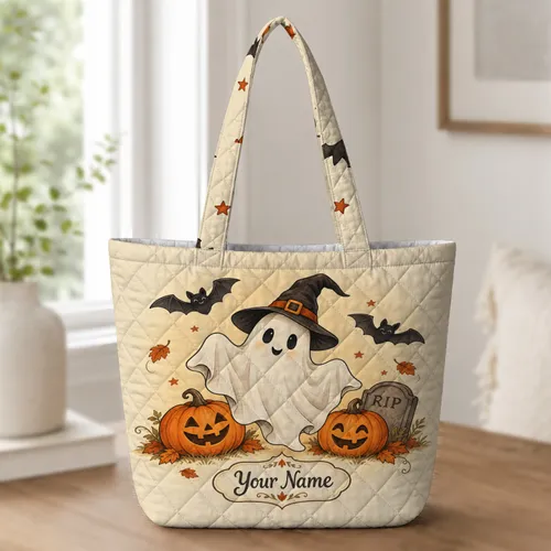 Whimsical Ghost Witch and Jack-o'-Lanterns for Cozy Halloween Autumn Celebrations Quilted Tote Bag