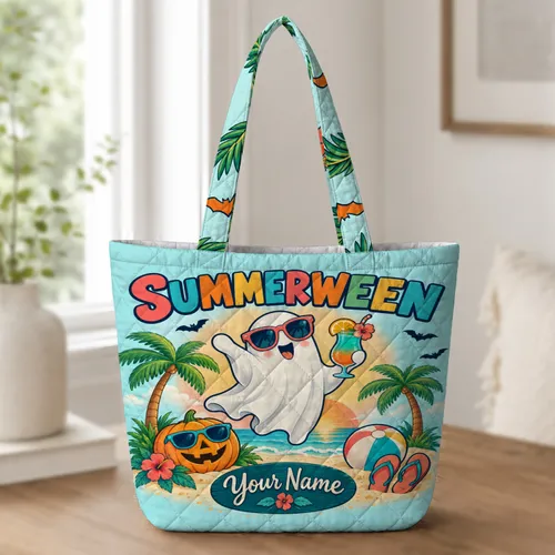 Tropical Ghost With Palm Trees for Summerween Beach Days and Spooky Season Fun Quilted Tote Bag