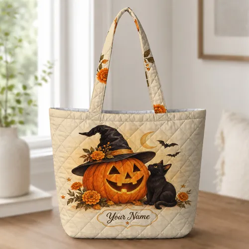 Halloween Pumpkin And Black Cat Autumn Market Treat For Spooky Season Gift Lovers And Friends Quilted Tote Bag