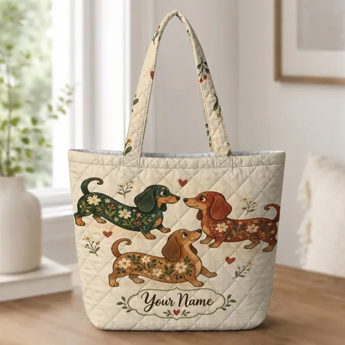 Dachshund Hearts and Wildflowers for Cozy Dog Mom Days, Errands, and Gifting Quilted Tote Bag