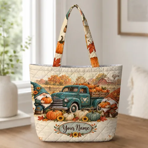 Fall Gnome and Pumpkin Truck for Autumn Thanksgiving Gatherings and Seasonal Gifting Quilted Tote Bag