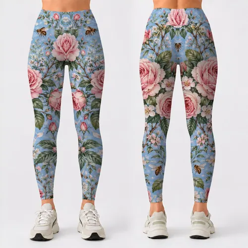 Vintage Pink Roses and Honeybees for Romantic Cottagecore Weekend and Everyday Style Leggings
