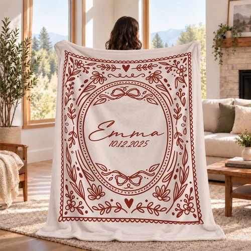 Personalized Name Blanket – Custom Name & Date, Floral Bow Oval Frame Keepsake Throw, Newlywed Wedding Anniversary Gift