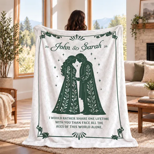 Personalized Couple Names Blanket – Custom Names & Year, Fantasy Elf Wedding Silhouette Bookish Keepsake, Anniversary Gift