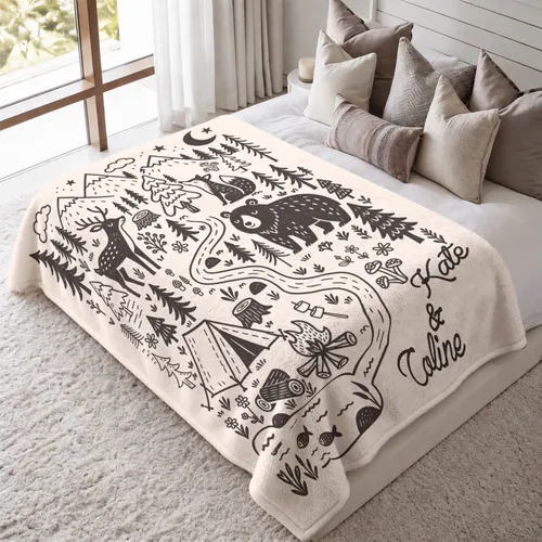 Personalized Camping Blanket – Custom Couple Names, Outdoorsy Forest Animals, 5 Colors, Nature Lover Anniversary Gift