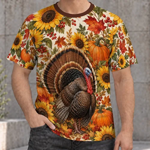 Turkey, Sunflowers & Pumpkins for Thanksgiving Gatherings and Cozy Autumn Days Ahead All-over Print Unisex T-shirt