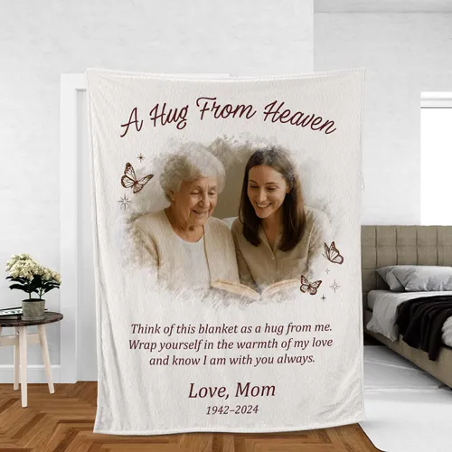 Personalized Mom Memorial Blanket – Custom Butterfly Hug From Heaven Photo Throw, Loss of Mother Sympathy Gift