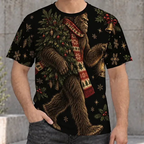 Shaggy Forest Cryptid with Lantern and Evergreen for Winter Woodland Adventurers All-over Print Unisex T-shirt