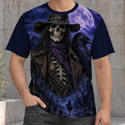 Gothic Skeleton Cowboy And Raven For Halloween Nights And Dark Western Fans All-over Print Unisex T-shirt