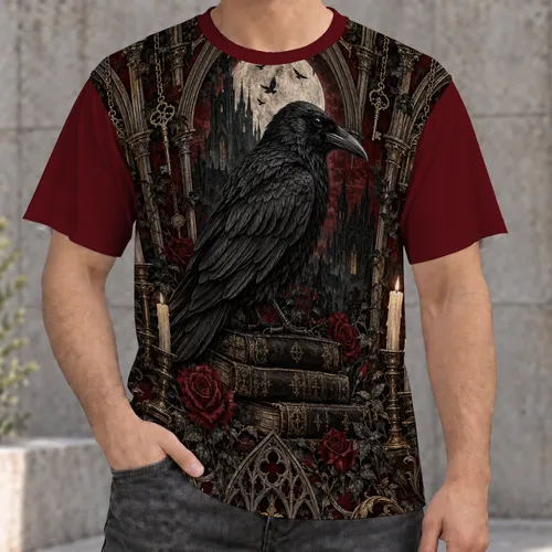 Gothic Crow, Candle and Rose Scene for Dark Academia Nights and Gothic Gatherings All-over Print Unisex T-shirt