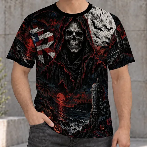 Hooded Skull, Puerto Rico Flag and Bats for Halloween Nights and Island Celebrations All-over Print Unisex T-shirt