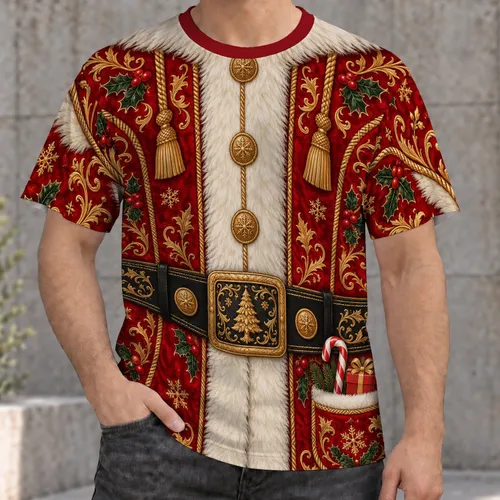 Red Santa Holiday Costume with Gold Snowflakes and Candy Cane for Christmas Parties All-over Print Unisex T-shirt